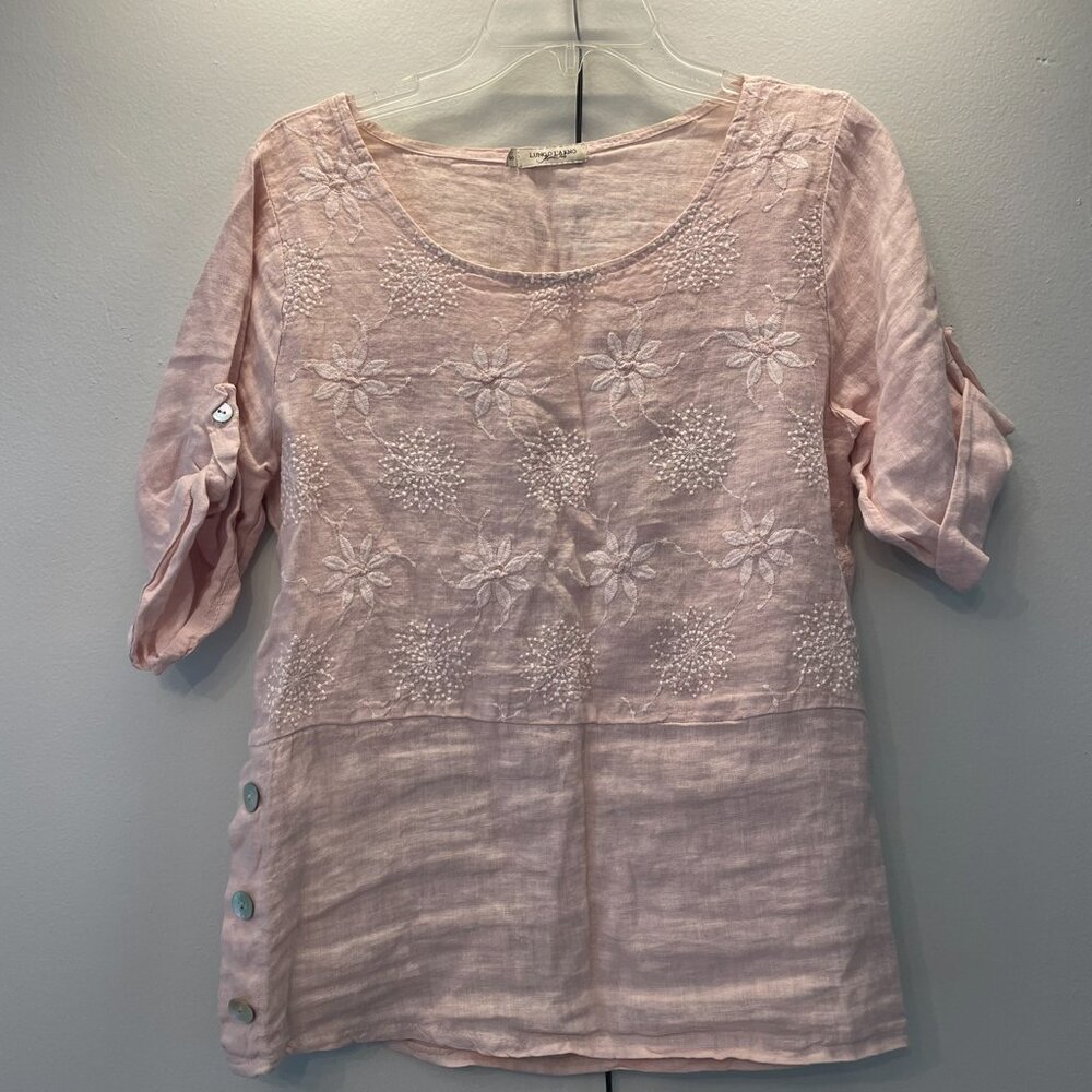 Lungo L'Arno Size S Dusty Pink Linen Tunic Top Floral Embroidery
